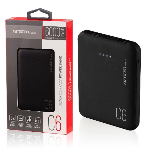 POWER BANK ARGOM C6 6000MAH BLACK ARG-PB-1136BK