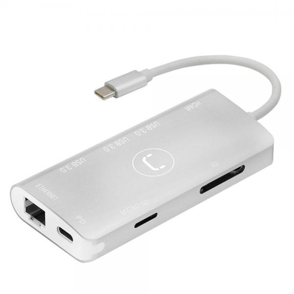 HUB UNNO TEKNO HB1108SV TYPE C 8 IN 1 HDMI + 3USB 3.0+MICRO SD &SD + LAN+PD