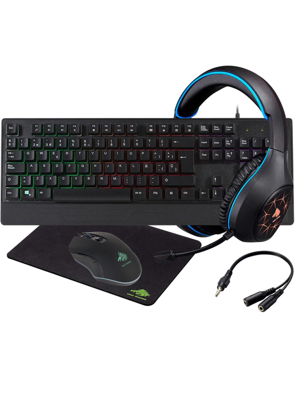 KIT GAMER EAGLE WARRIOR RHINO 5 IN 1 TECLADO RAINBOW COLOR+LETTER BACKLIGHT KEYBOARD+MOUSE 3D6 KEY GAMING MOUSE+MOUSE PAD+HEADSET GAMING+ADAPTADOR NEGRO Y AZUL