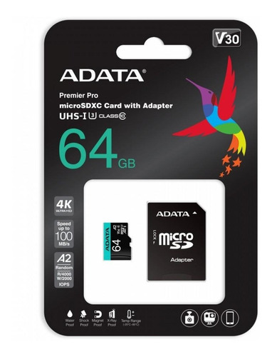 MEMORIA MICRO SD 64GB ADATA 4K V30 AUSDX64GUI3V30SA2-RA1