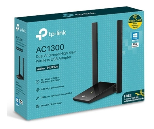 ADAPTADOR TP LINK INALAMBRICO USB AC1300 DUAL ANTENNAS HIGH GAIN ARCHER T4U PLUS