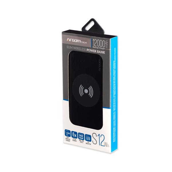 POWER BANK ARGOM INALAMBRICO S12W 12000MAH ALUMINUM BLACK ARG-PB-1155BK