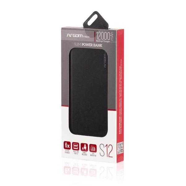 POWER BANK ARGOM S12 12000MAH ALUMINUM BLACK ARG-PB-1150BK