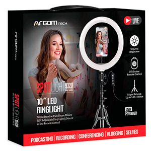 ANILLO DE LUZ PARA SELFIE ARGOM SPOTLIGHT PRO 9320 10" CON TRIPOD/BT SHUTTER/PHONE ARG-LP-9320BK