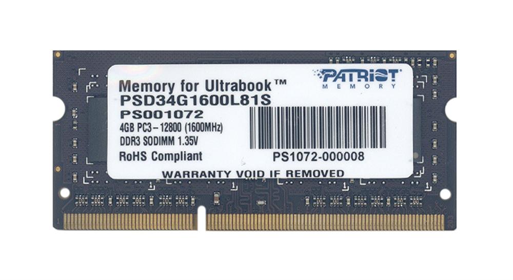 MEMORIA LAPTOP 4GB DDR3 1600MHZ PATRIOT PSD34G1600L81S 1.35V SODIMM