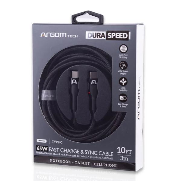 CABLE ARGOM DURA SPEED 65W PD FAST CHARGE TYPE- C TYPE-C NYLON BRAIDED 3M/10FT BLACK ARG-CB-0048BK