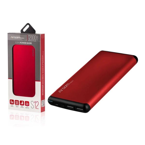 POWER BANK ARGOM S12 12000MAH ALUMINUM RED ARG-PB-1150RD