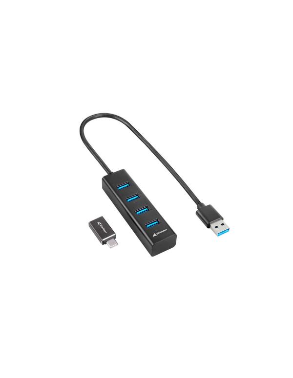 HUB SHARKOON 4 PUERTOS USB 3.2 + ADAPTADOR USB TYPE-C ALU BK 4044951037582