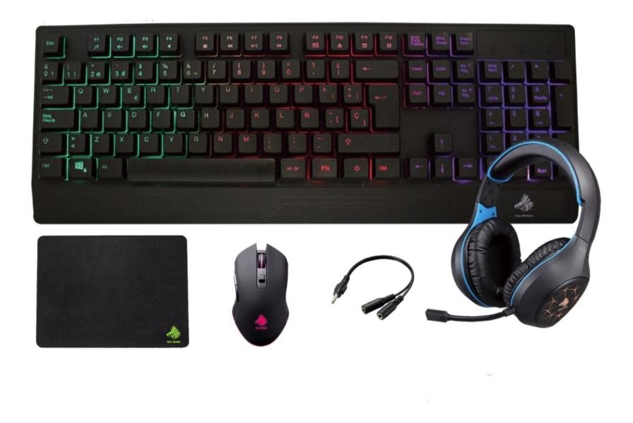KIT GAMER EAGLE WARRIOR RHINO 4 IN 1 TECLADO RAINBOW COLOR LETTER BACKLIGHT+ MOUSE + MOUSE PAD+ HEADSET + (KMB302+ MOM636+ FXX24182+ FHS3007)