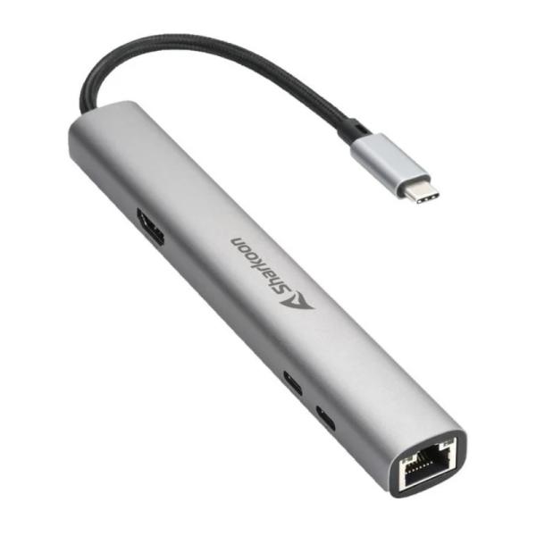 ADAPTADOR SHARKOON OFFICEPAL COMBO USB-C A USB-A Y USB-C CONEXI&Oacute;N HDMI Y RJ45 4044951040704 PLATEADO