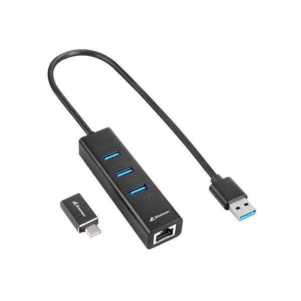 ADAPTADOR USB SHARKOON SHARK 3-PORT USB 3.2 GEN 1 ALU HUB +RJ45 ETHERNET 4044951037575