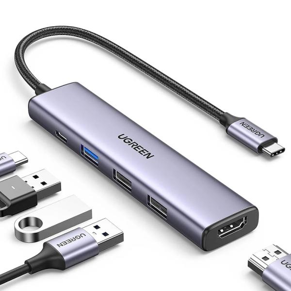 HUB UGREEN CM478 5 EN 1 USB-C 1 PUERTO HDMI 1 PUERTO USB-C PD 1 PUERTO USB-A 3.0 2 PUERTOS USB-A 2.0 15495 GRIS