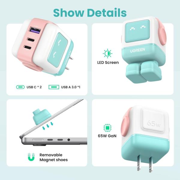CARGADOR UGREEN CD361 65W 2 PUERTOS USB-C Y 1 PUERTO USB-A CARGA RAPIDA 35856 ROSADO/TURQUESA